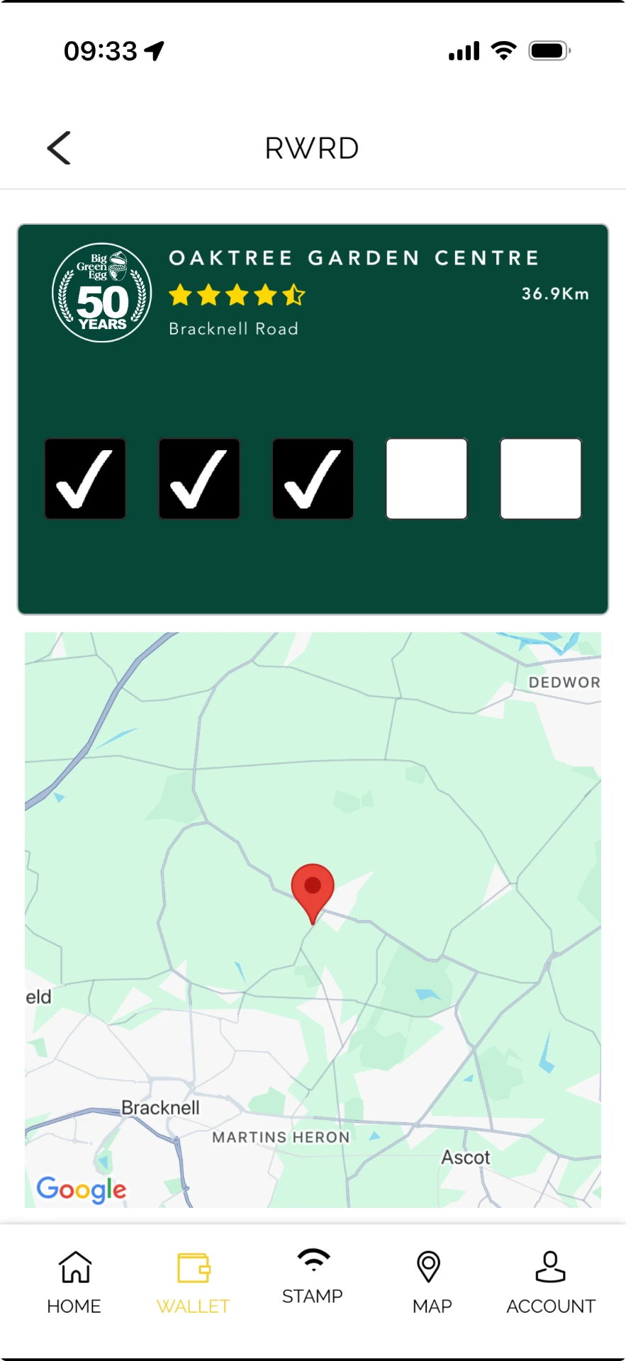 RWRD app showing collected Big Green Egg charcoal loyalty stamps