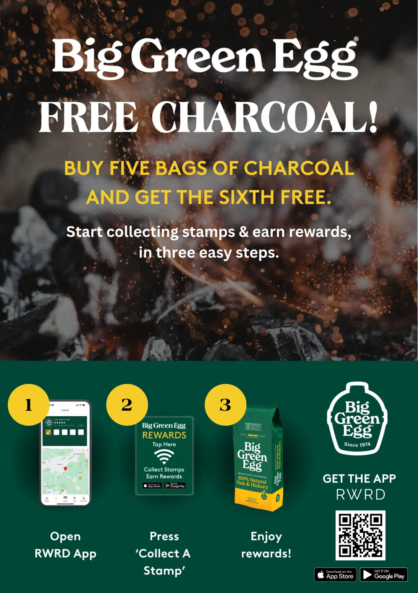 A5 point of sale sign for the Big Green Egg Rewards charcoal loyalty programme